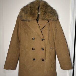 Michael Kors Camel Double-Breasted Pea Coat with Faux Fur Collar